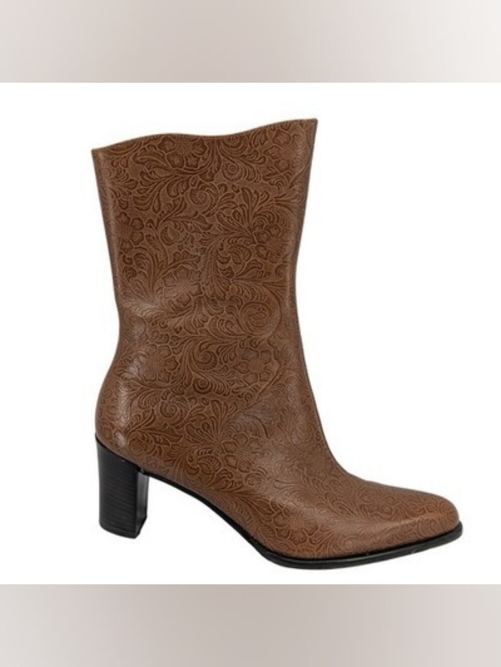 Genuine Leather Brown Embossed Mid-Calf Heeled Boot